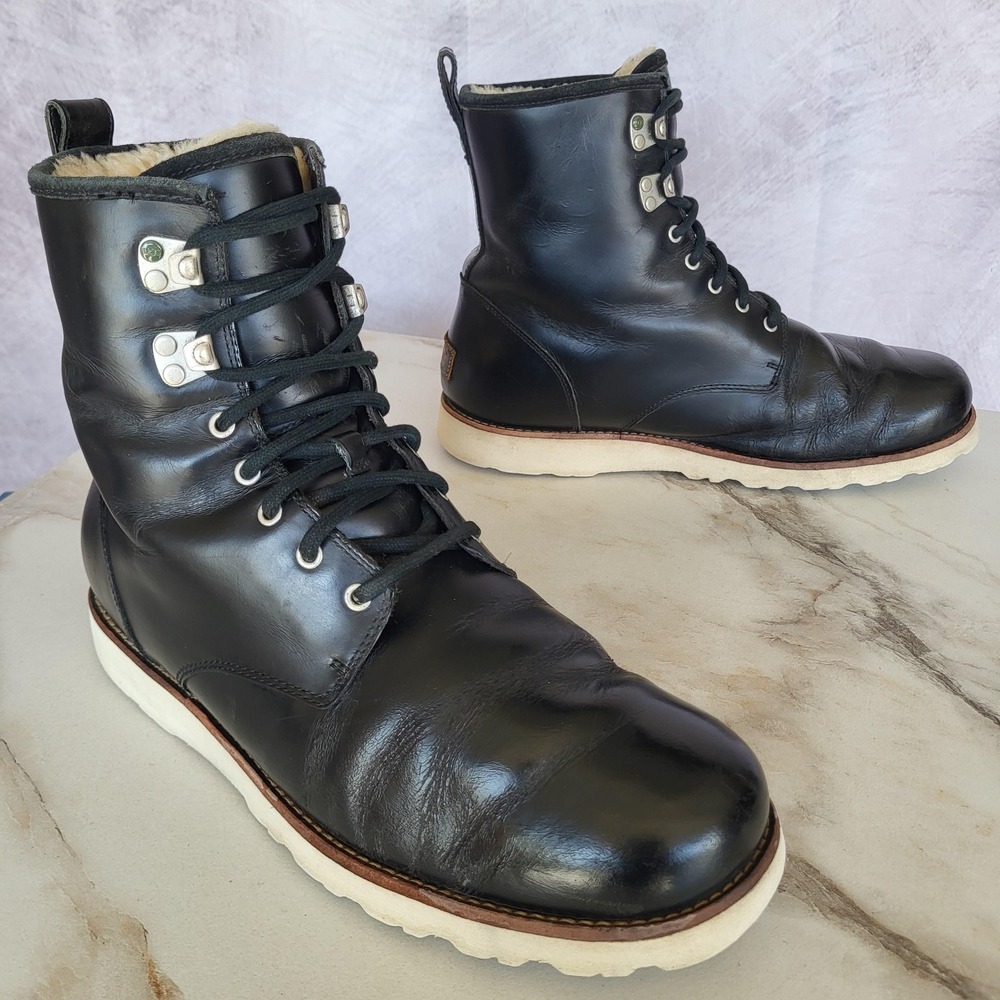 UGG Boots Mens Size 12 Black Leather Shearling Lined Vibram Sole Snow Winter